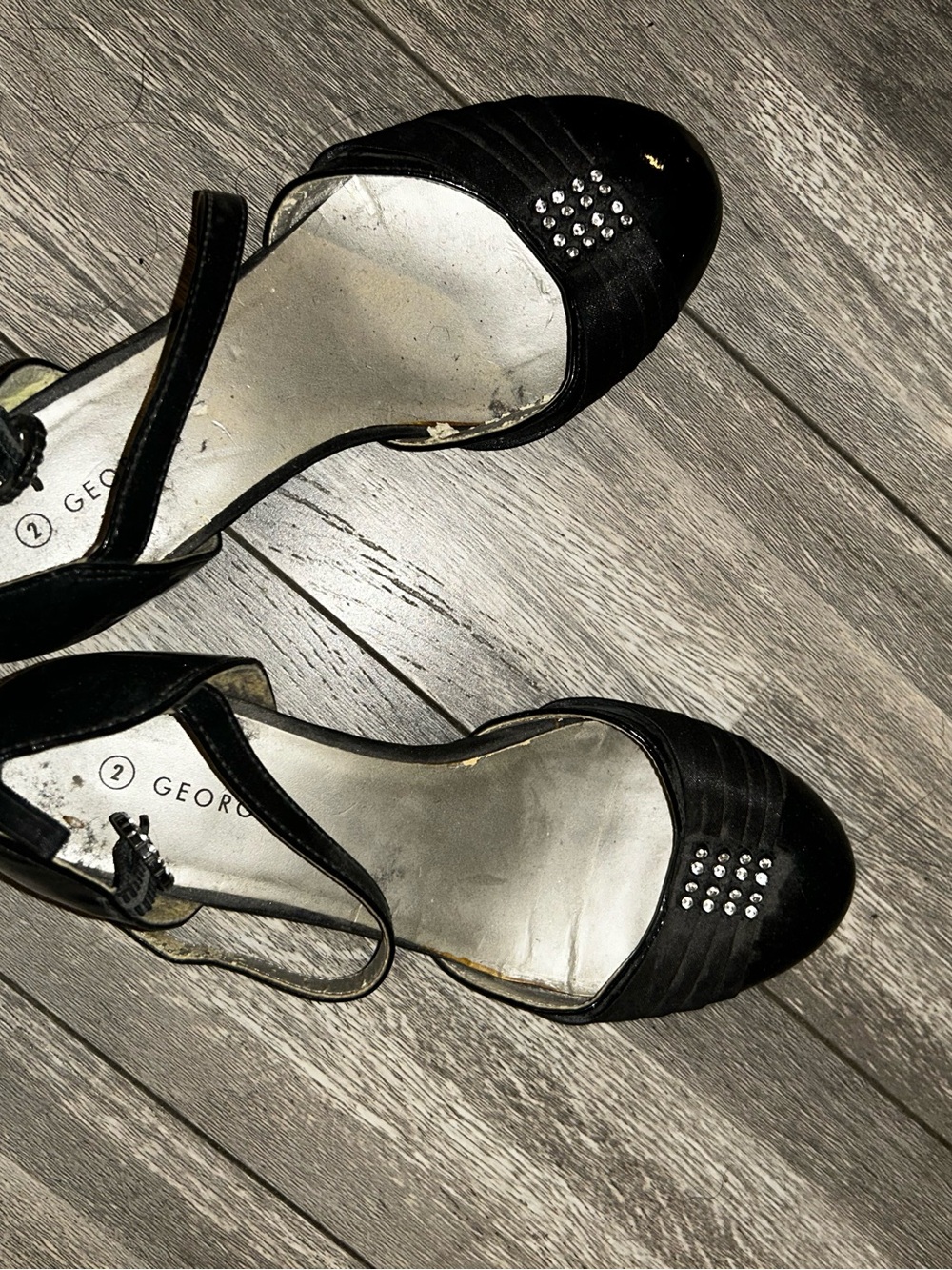 George Black Satin Peep-Toe Heels with Rhinestone Accents